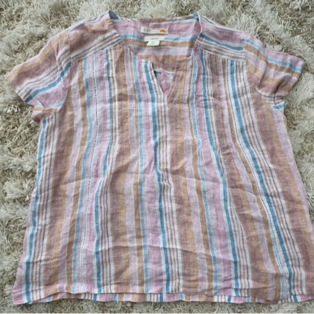 C&C California Linen Top with Pink, Blue, and Tan Stripes